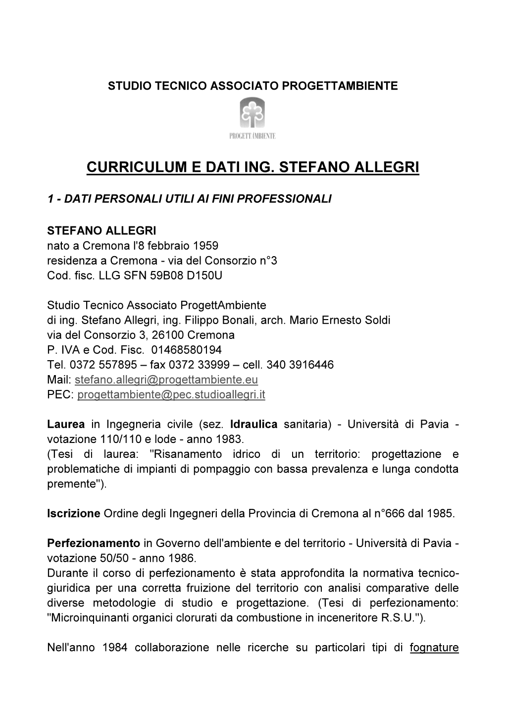 Curriculum E Dati Ing. Stefano Allegri