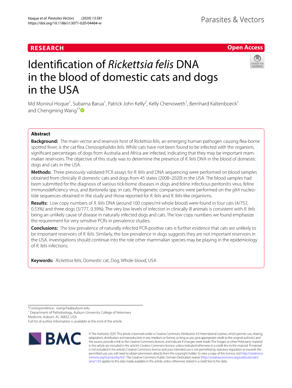 Identification of Rickettsia Felis DNA in the Blood of Domestic Cats and Dogs