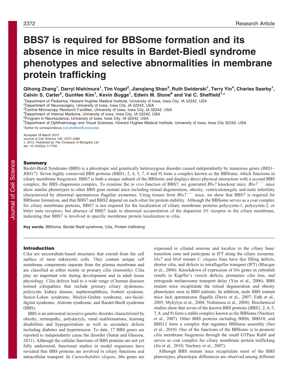 BBS7 Is Required for Bbsome Formation and Its Absence in Mice