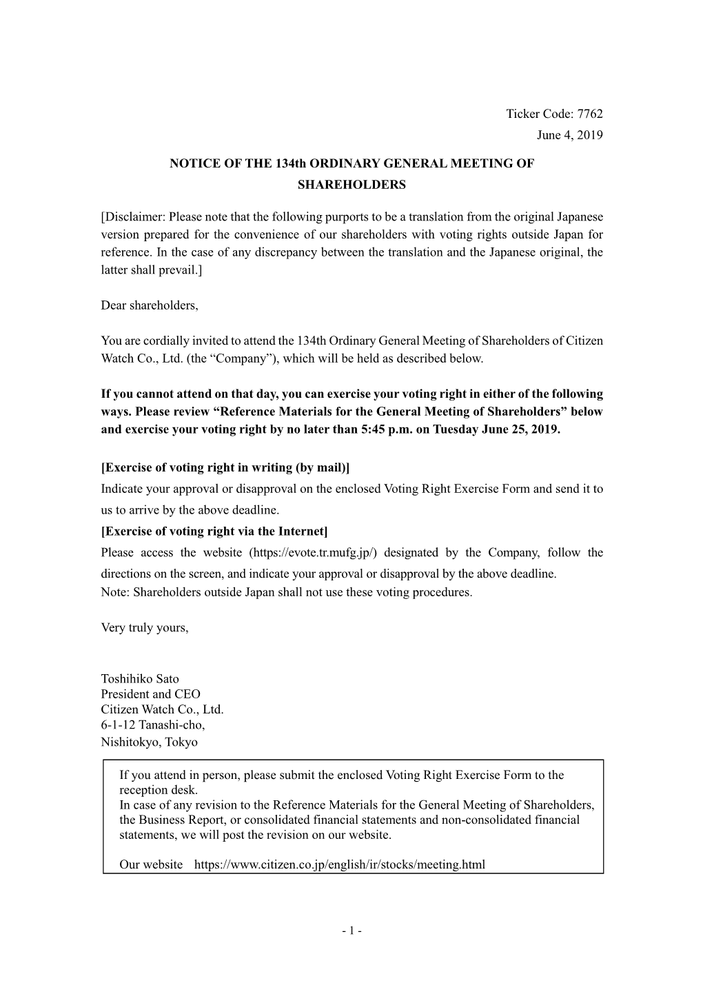 Notice of the 134Th Ordinary General Meeting of Shareholders (PDF:960KB)