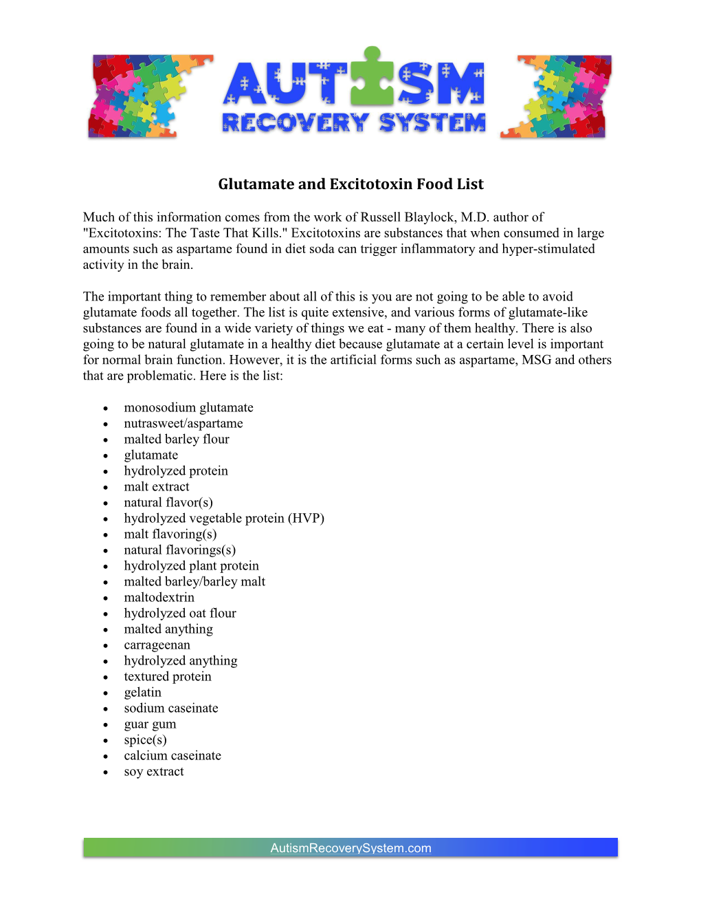 Glutamate and Excitotoxin Food List