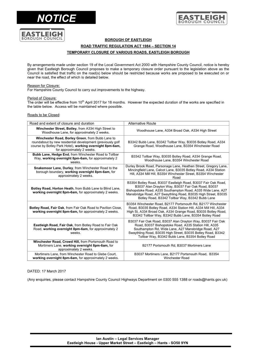 Borough of Eastleigh Road Traffic Regulation Act 1984 – Section 14 Temporary Closure of Various Roads, Eastleigh Borough