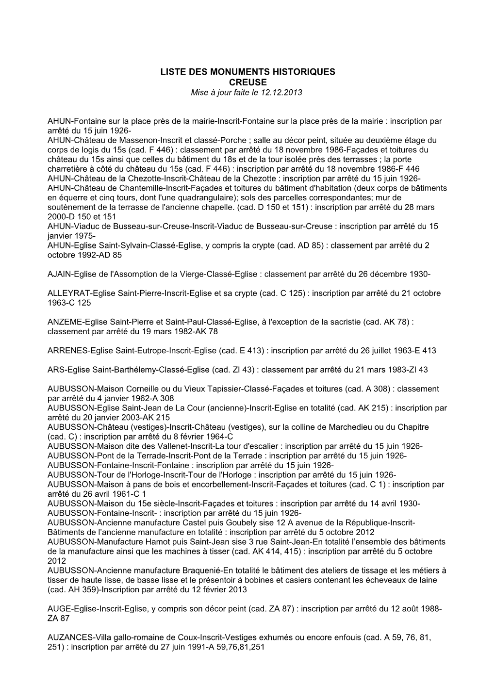 LISTE DES MONUMENTS HISTORIQUES CREUSE Mise À Jour Faite Le 12.12.2013
