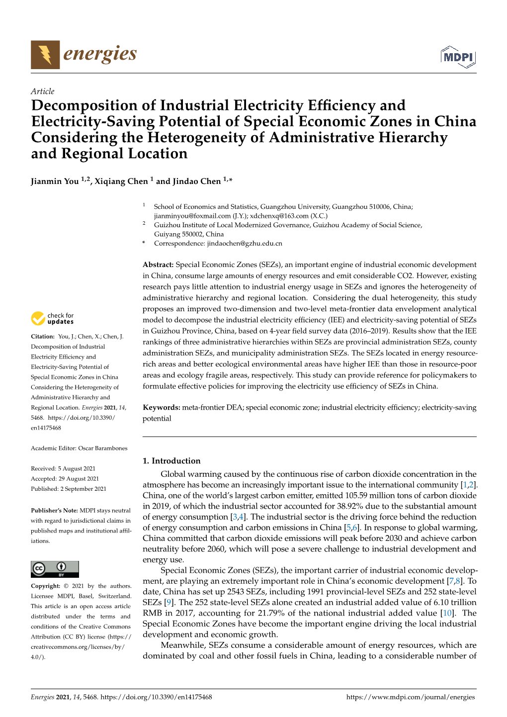 Decomposition of Industrial Electricity Efficiency and Electricity-Saving Potential of Special Economic Zones in China Consideri