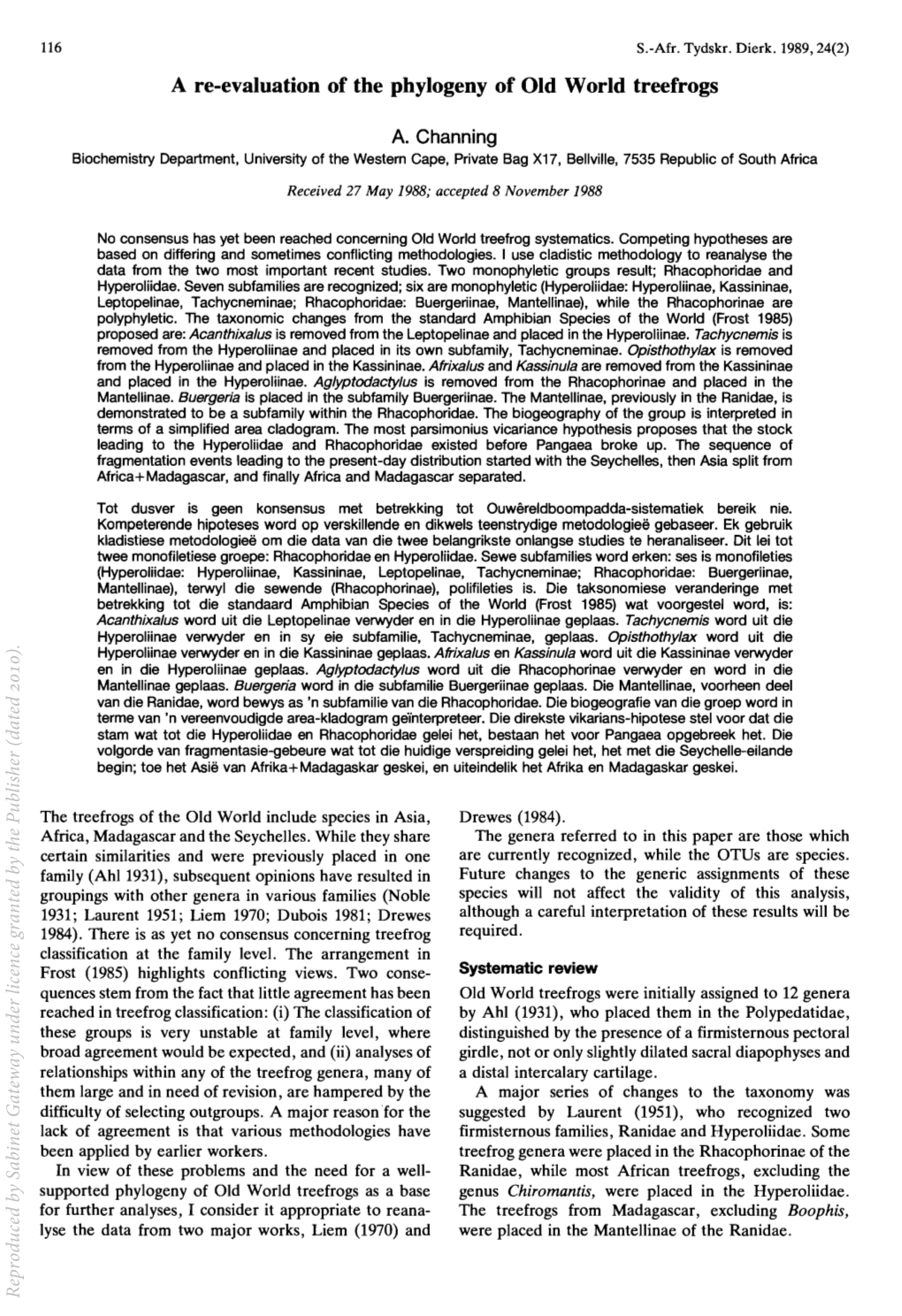 A Re-Evaluation of the Phylogeny of Old World Treefrogs