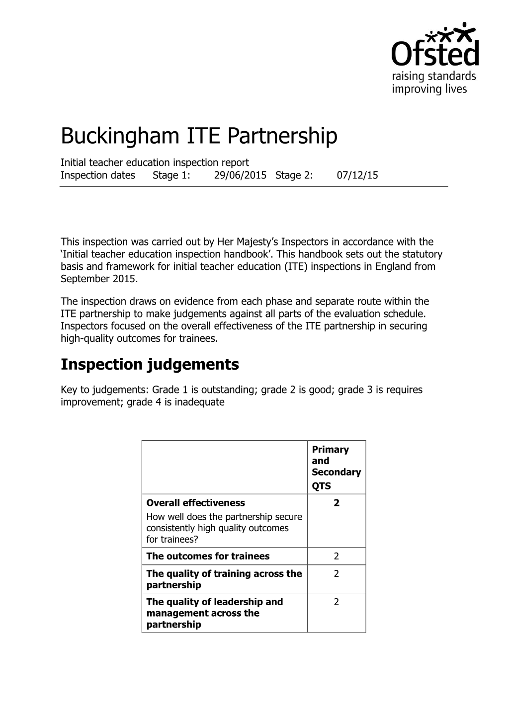 Buckingham ITE Partnership Initial Teacher Education Inspection Report Inspection Dates Stage 1: 29/06/2015 Stage 2: 07/12/15