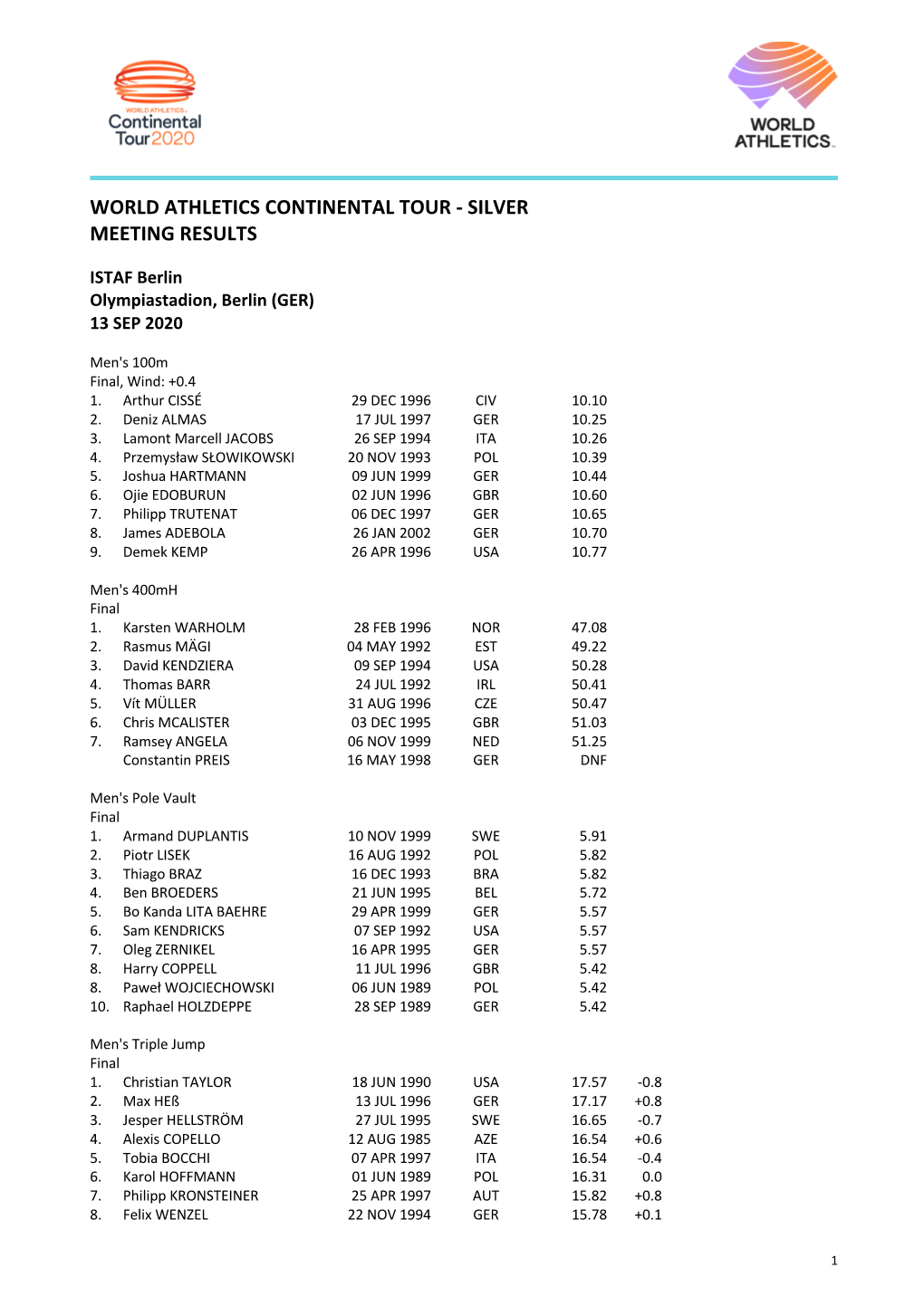 ISTAF Berlin Olympiastadion, Berlin (GER) 13 SEP 2020