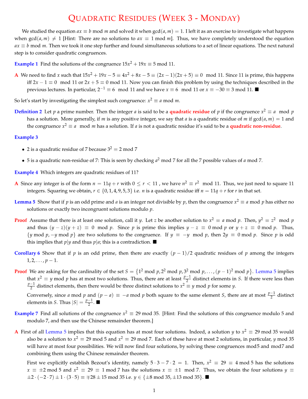 Quadratic Residues (Week 3-Monday)