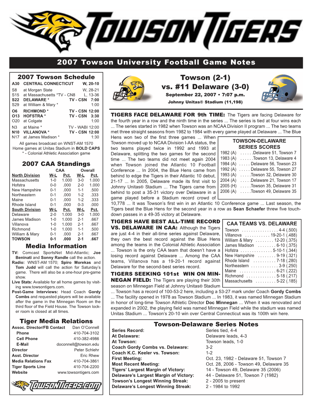 2007 Towson University Football Game Notes Towson (2-1) Vs. #11