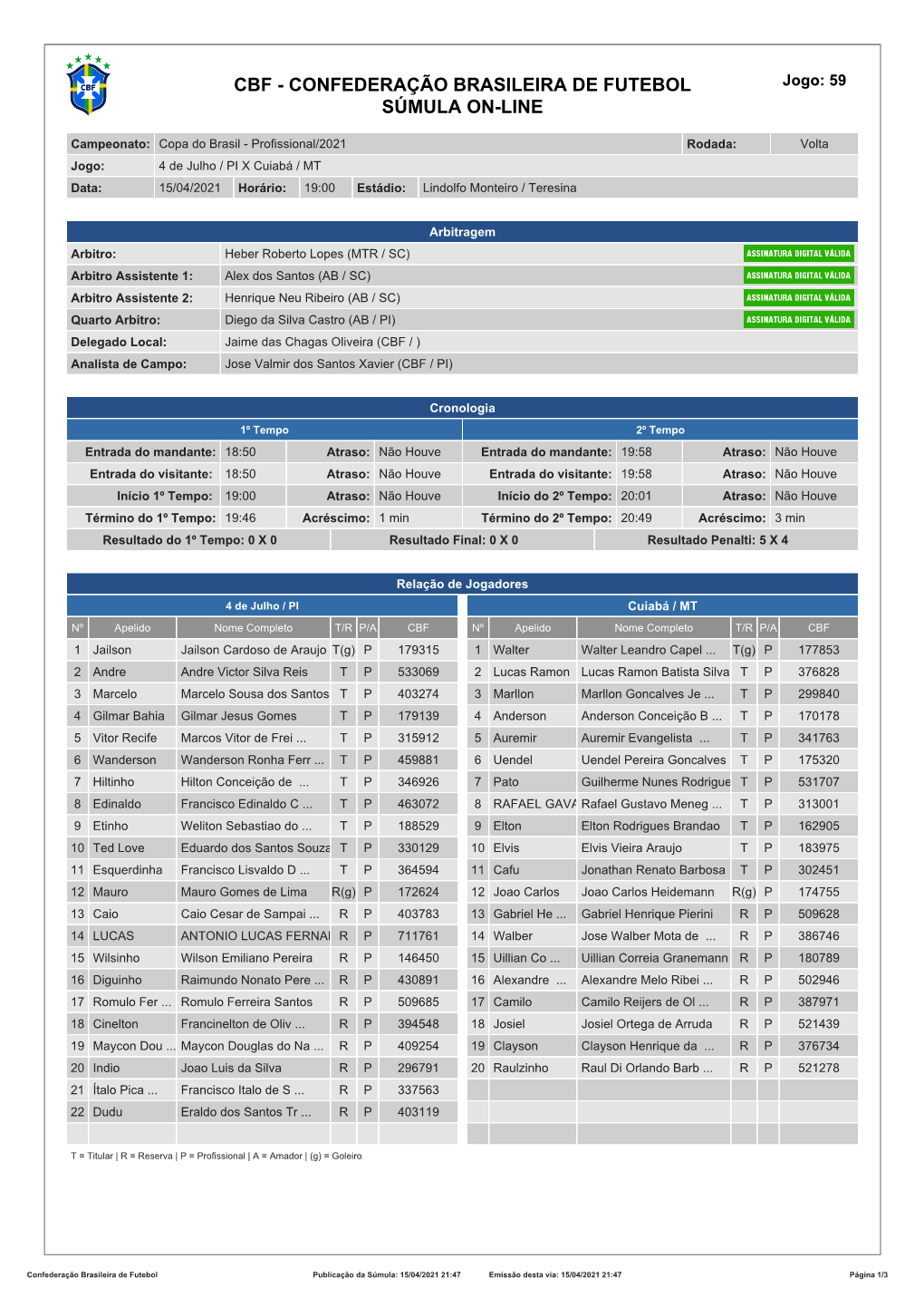 CBF - CONFEDERAÇÃO BRASILEIRA DE FUTEBOL Jogo: 59 SÚMULA ON-LINE