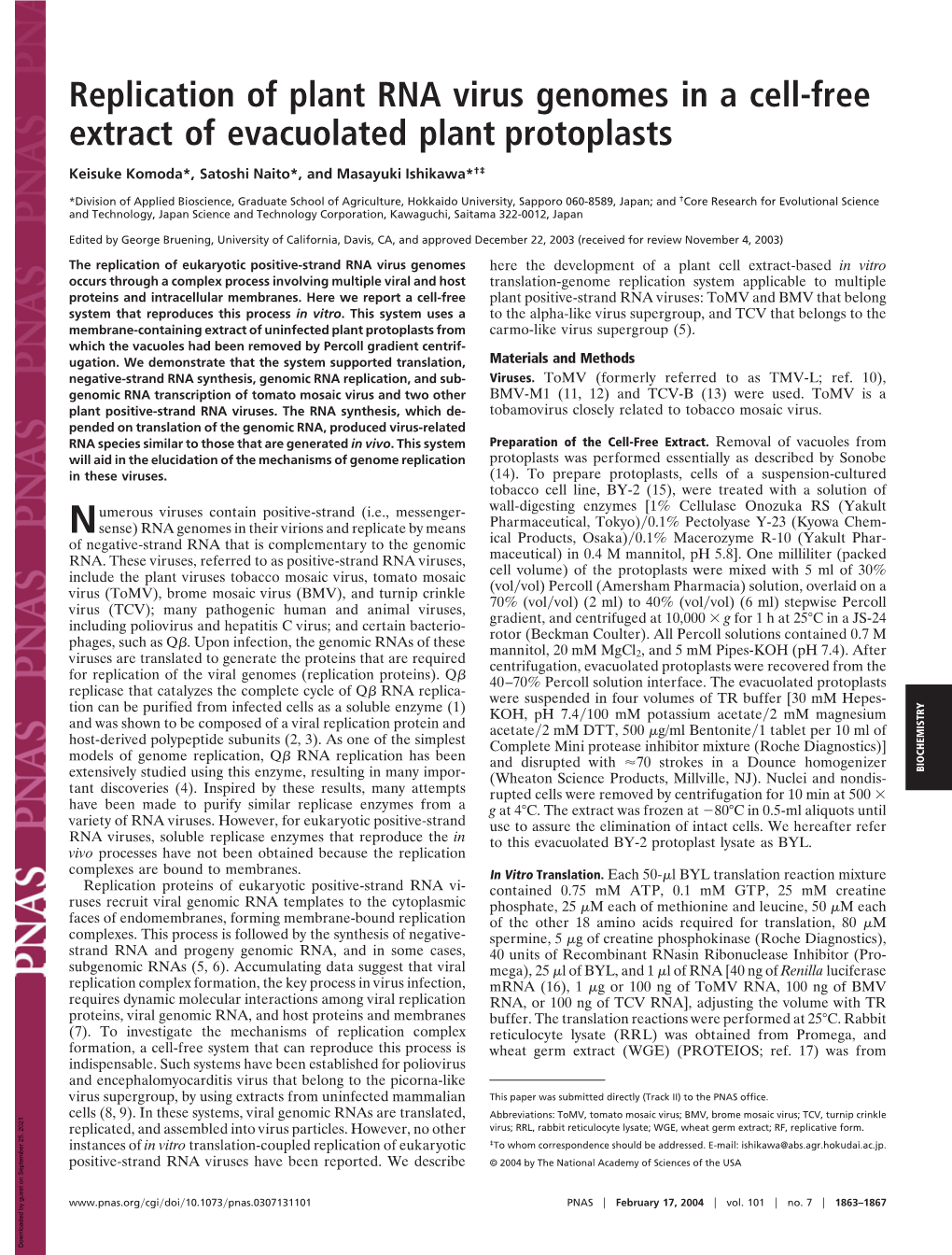 Replication of Plant RNA Virus Genomes in a Cell-Free Extract of Evacuolated Plant Protoplasts