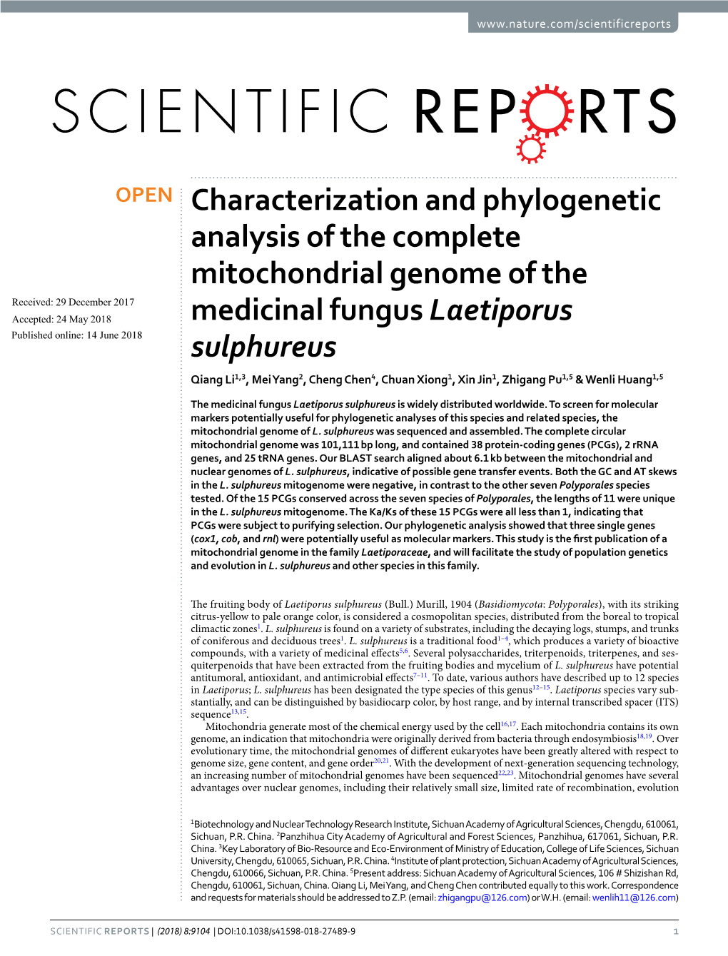 Characterization and Phylogenetic Analysis of the Complete Mitochondrial Genome of the Medicinal Fungus Laetiporus Sulphureus