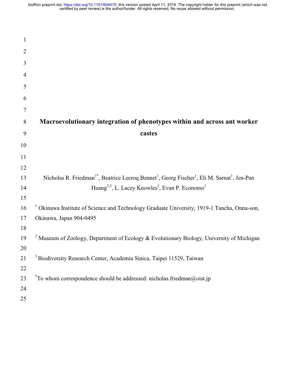 Macroevolutionary Integration of Phenotypes Within and Across Ant Worker 9 Castes 10 11 12 13 Nicholas R