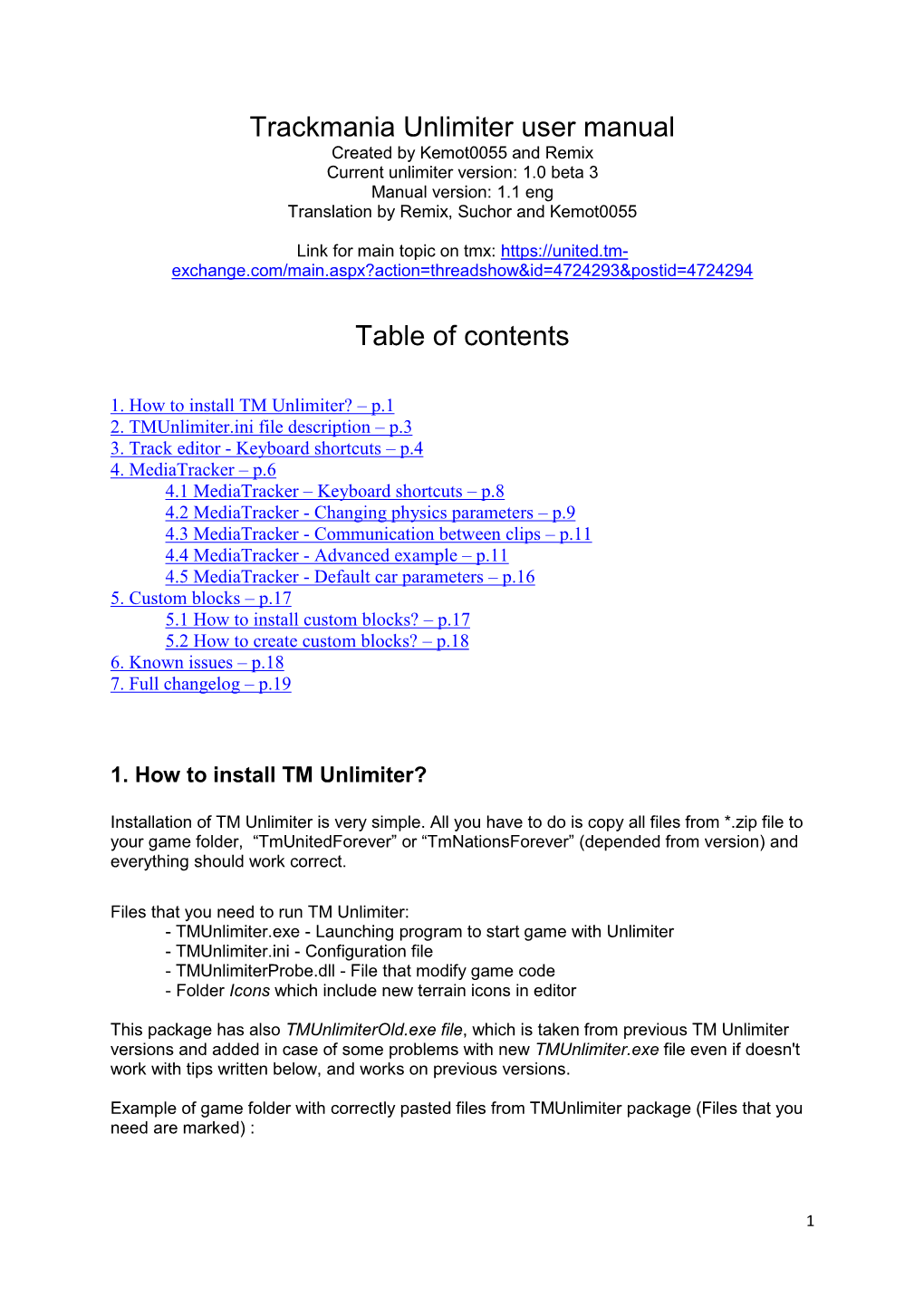 Trackmania Unlimiter User Manual Table of Contents