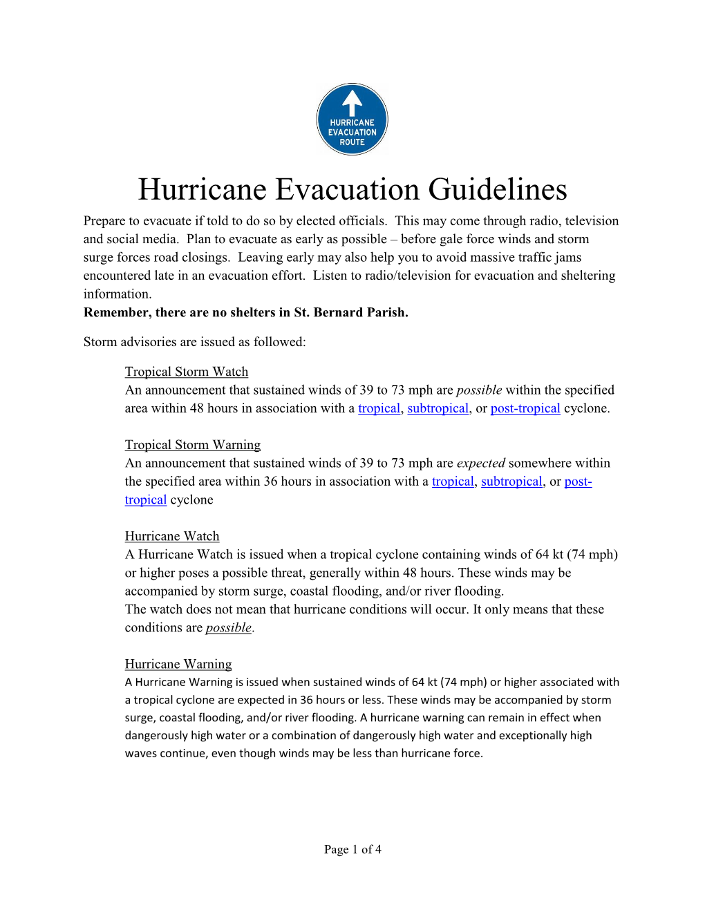 Hurricane Evacuation Guidelines (PDF)