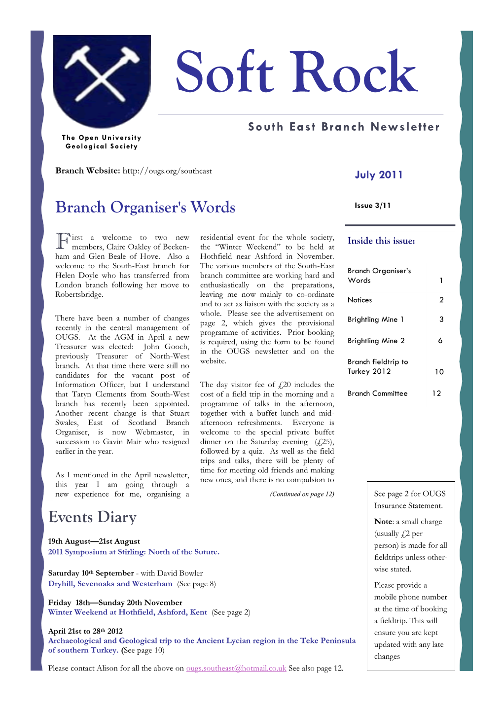 Branch Organiser's Words Events Diary