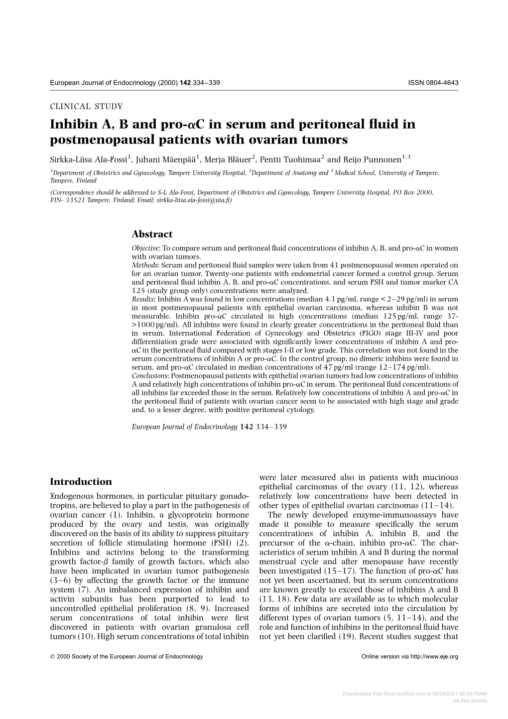 Inhibin A, B and Pro-Ac in Serum and Peritoneal Fluid in Postmenopausal Patients with Ovarian Tumors