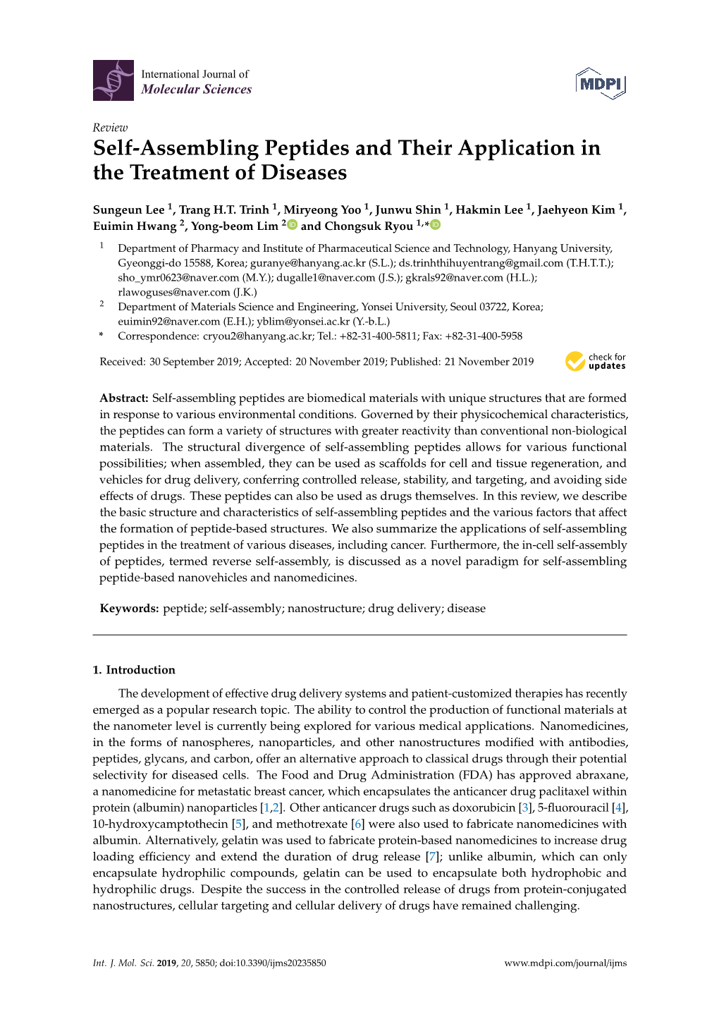 Self-Assembling Peptides and Their Application in the Treatment of Diseases