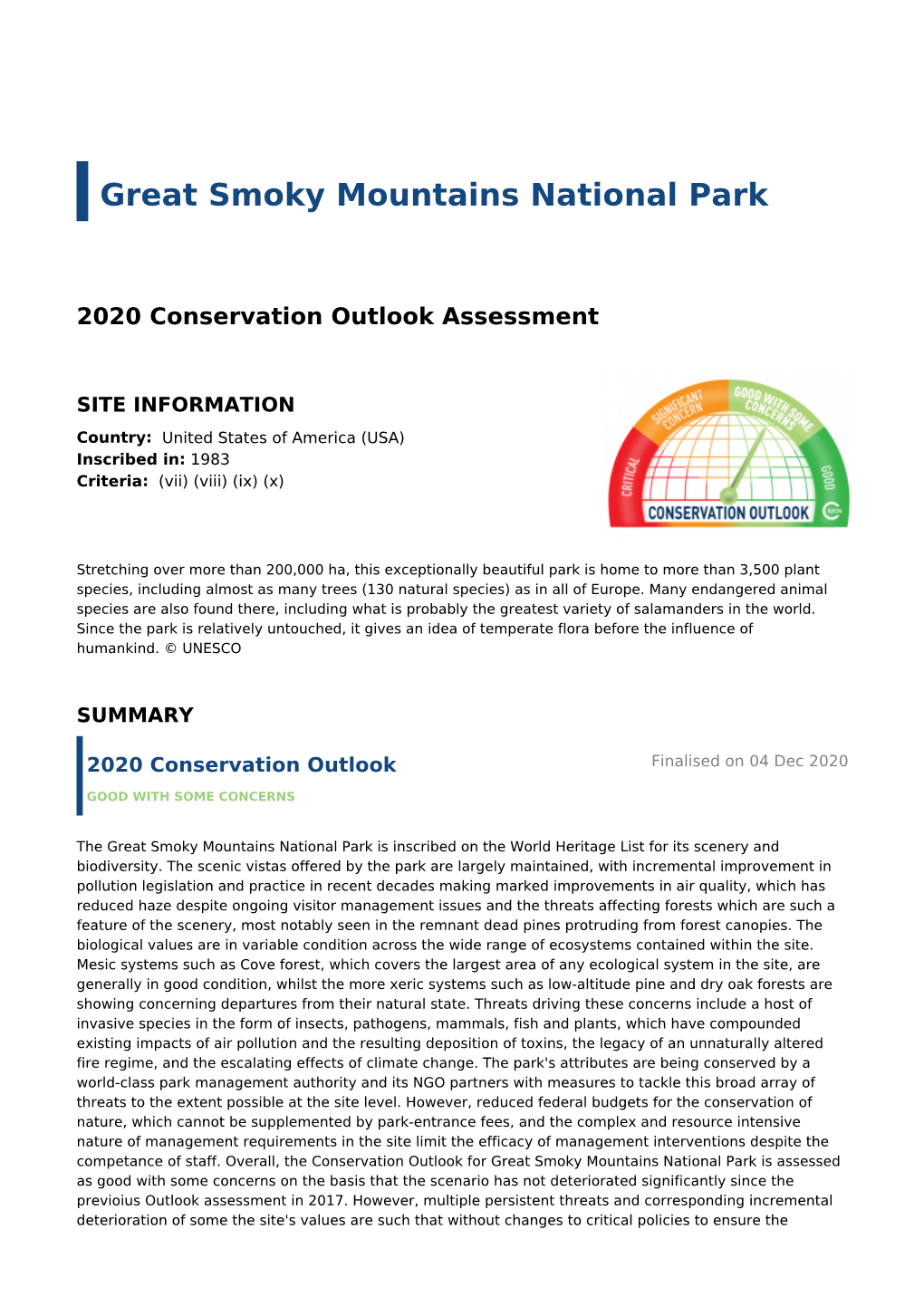 2020 Conservation Outlook Assessment