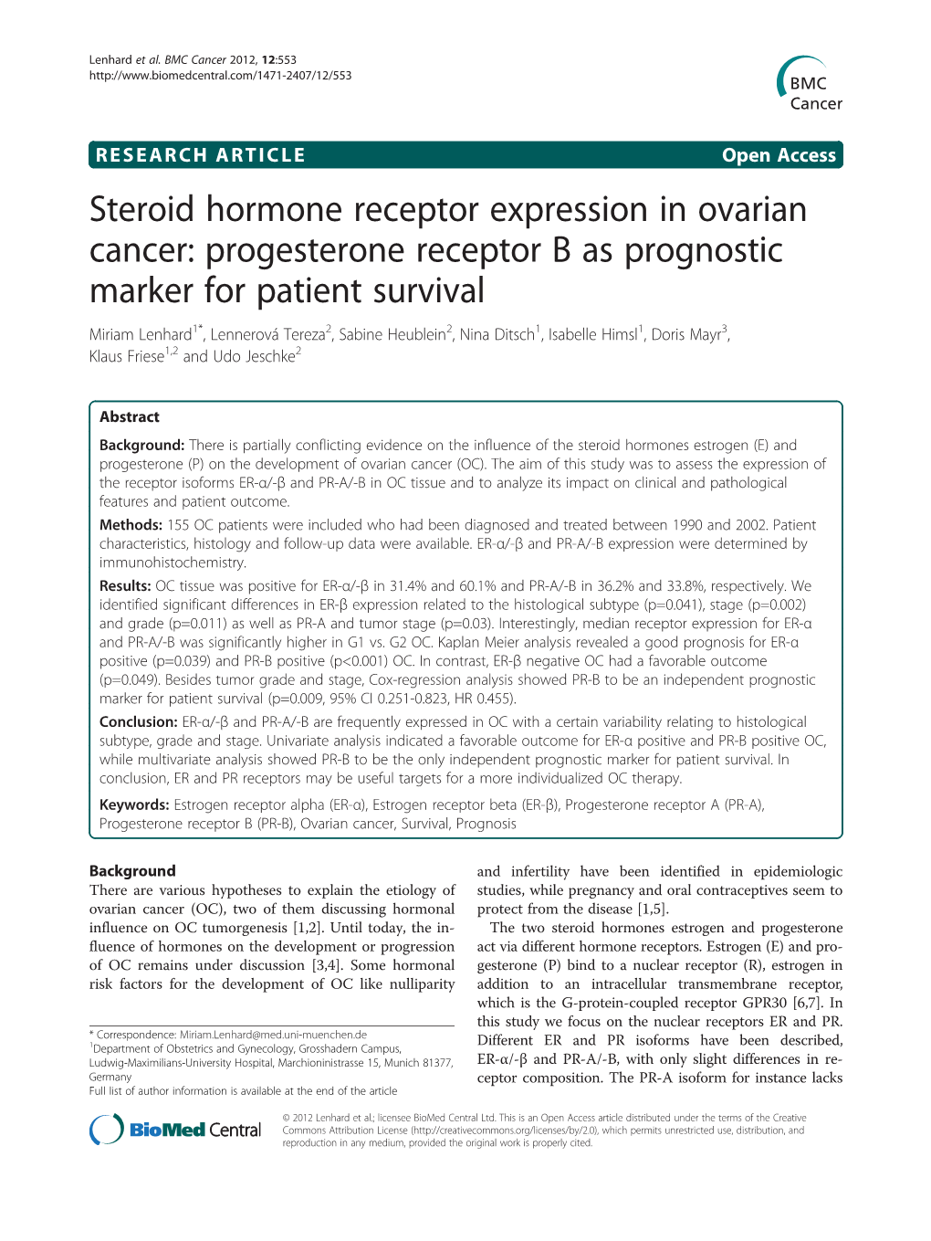 Progesterone Receptor B As Prognostic Marker for Patient Survival