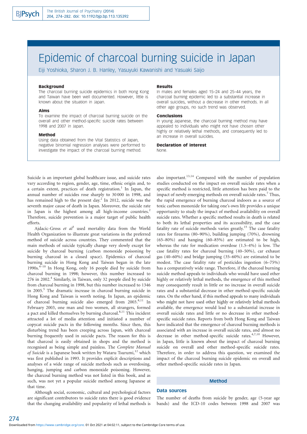 Epidemic of Charcoal Burning Suicide in Japan Eiji Yoshioka, Sharon J