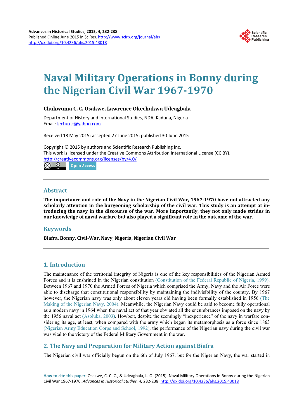 Naval Military Operations in Bonny During the Nigerian Civil War 1967-1970