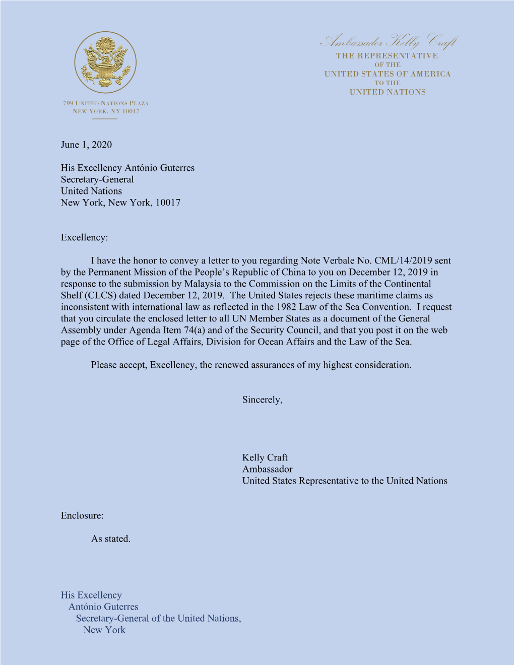 Letter from Ambassador Kelly Craft to Secretary-General António Guterres