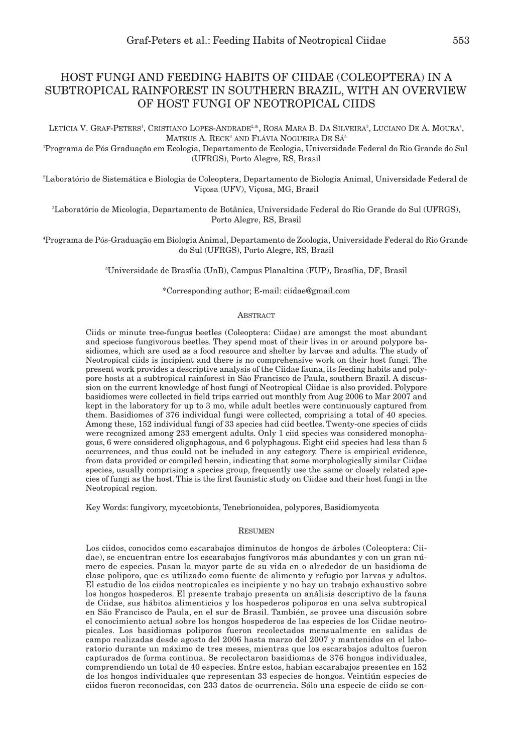 Host Fungi and Feeding Habits of Ciidae (Coleoptera) in a Subtropical Rainforest in Southern Brazil, with an Overview of Host Fungi of Neotropical Ciids