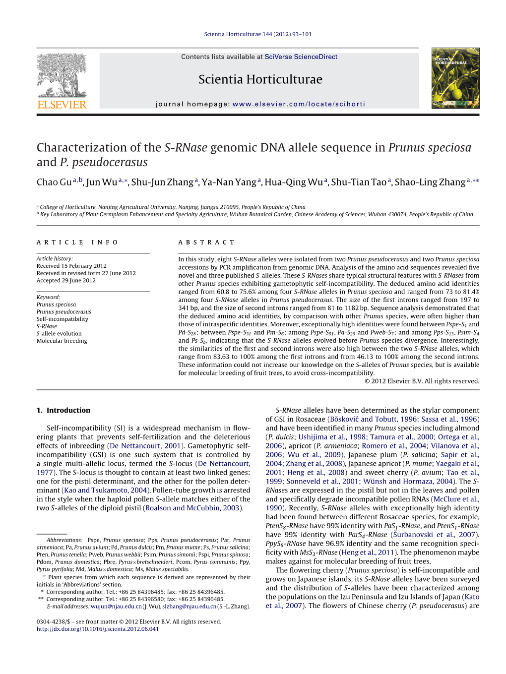 Characterization of the S-Rnase Genomic DNA Allele Sequence in Prunus Speciosa and P