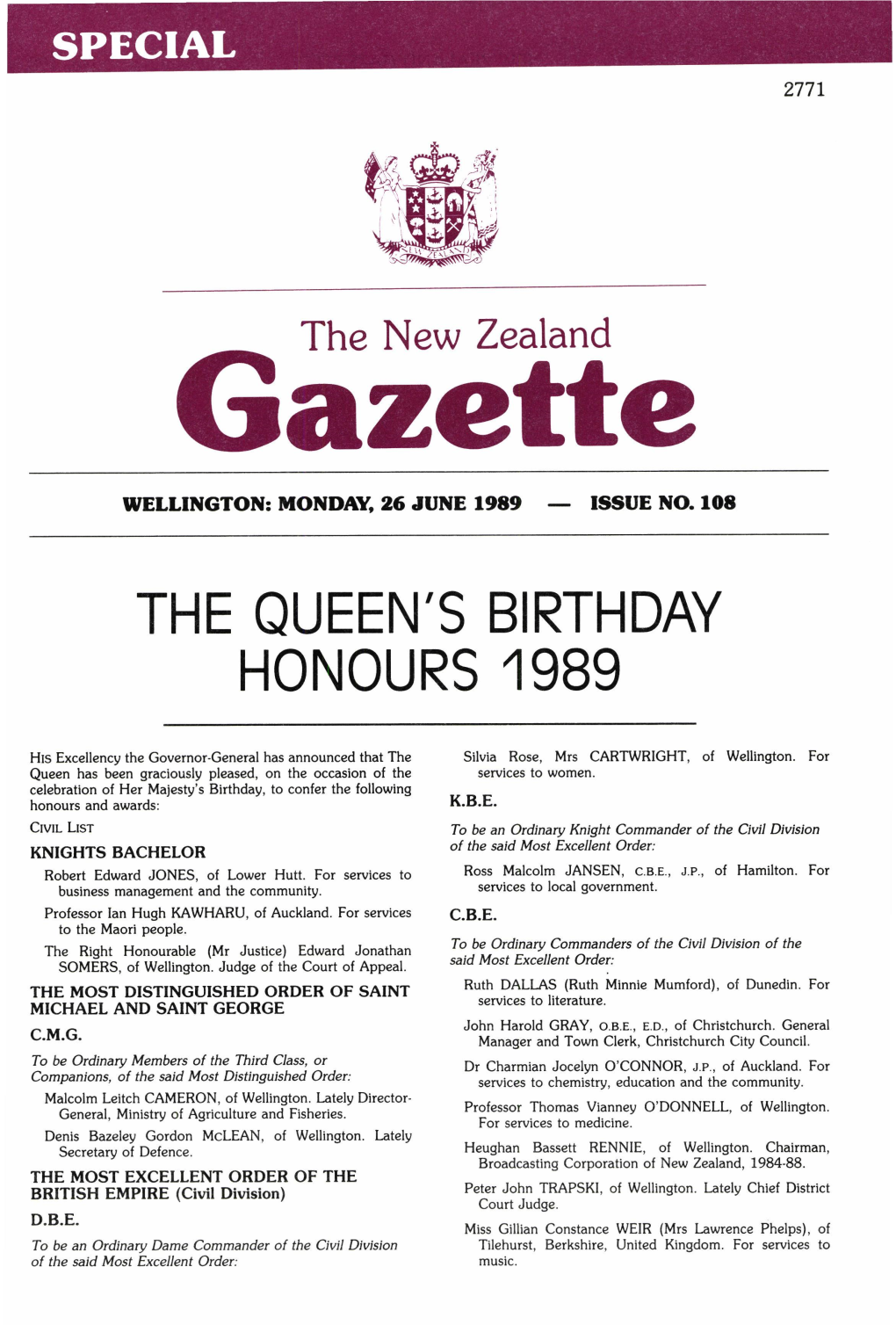 The Queen's Birthday Honours 1989