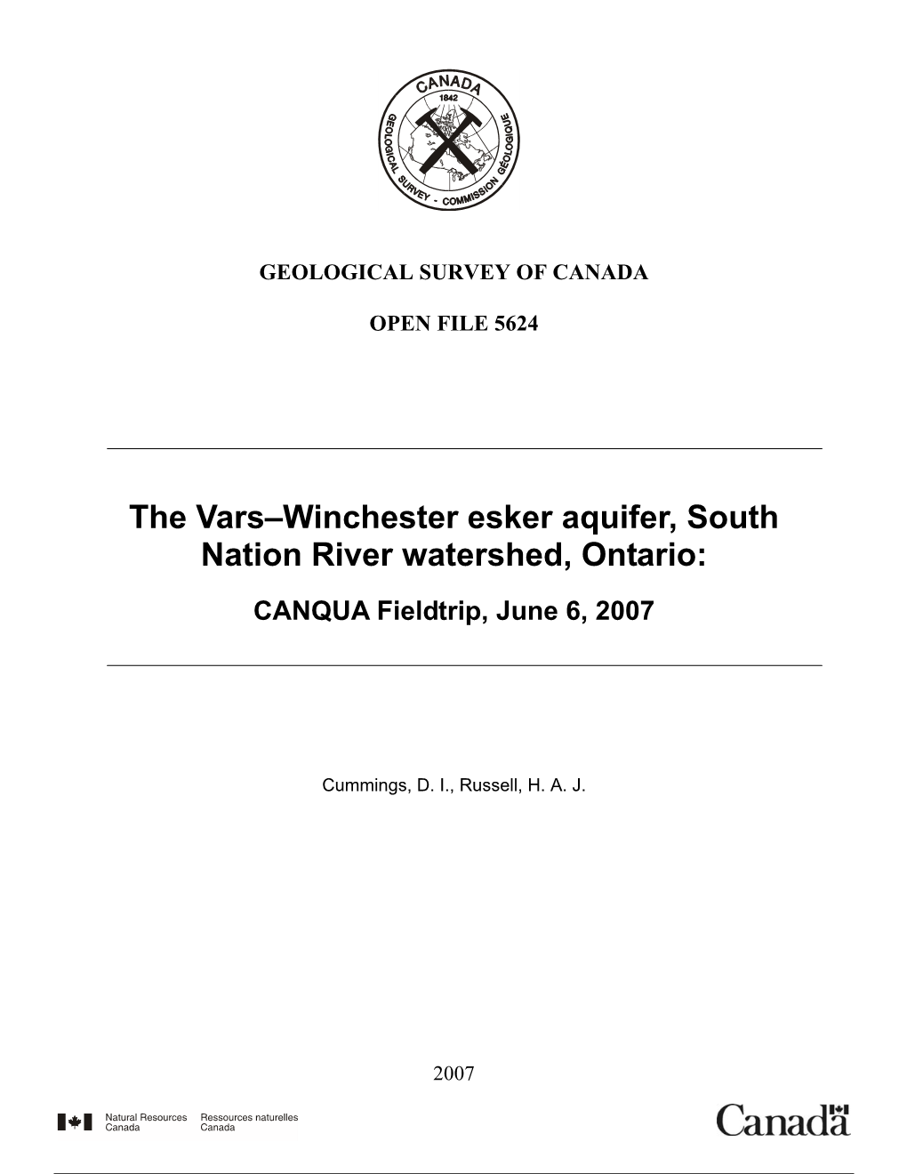 The Vars–Winchester Esker Aquifer, South Nation River Watershed, Ontario: CANQUA Fieldtrip, June 6, 2007