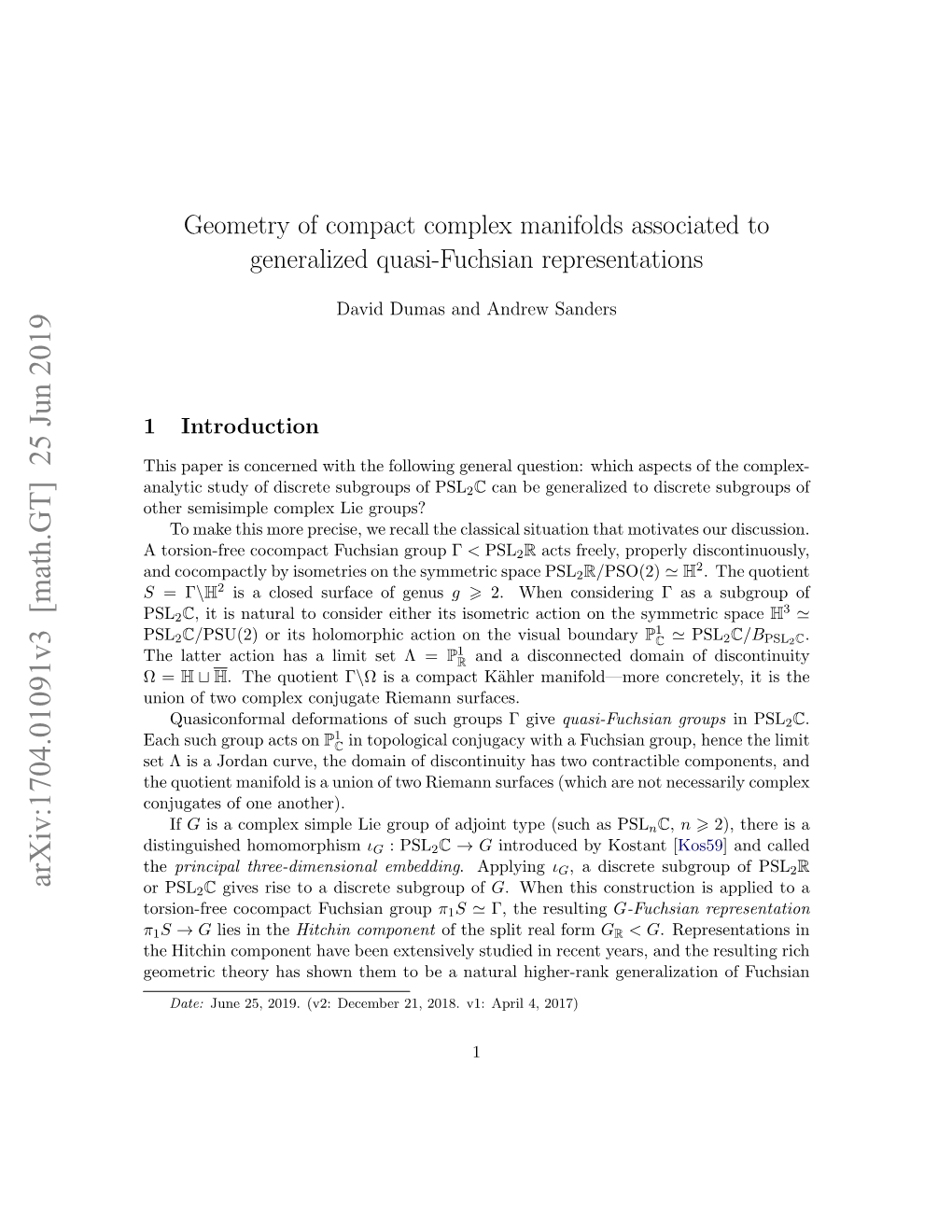 Geometry of Compact Complex Manifolds Associated to Generalized Quasi-Fuchsian Representations