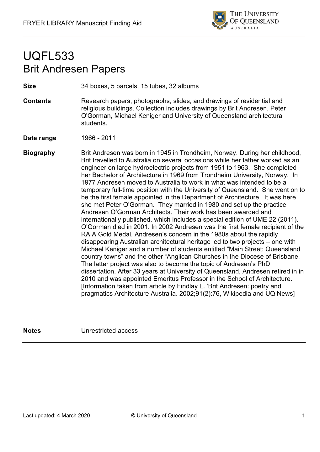 UQFL533 Brit Andresen Papers