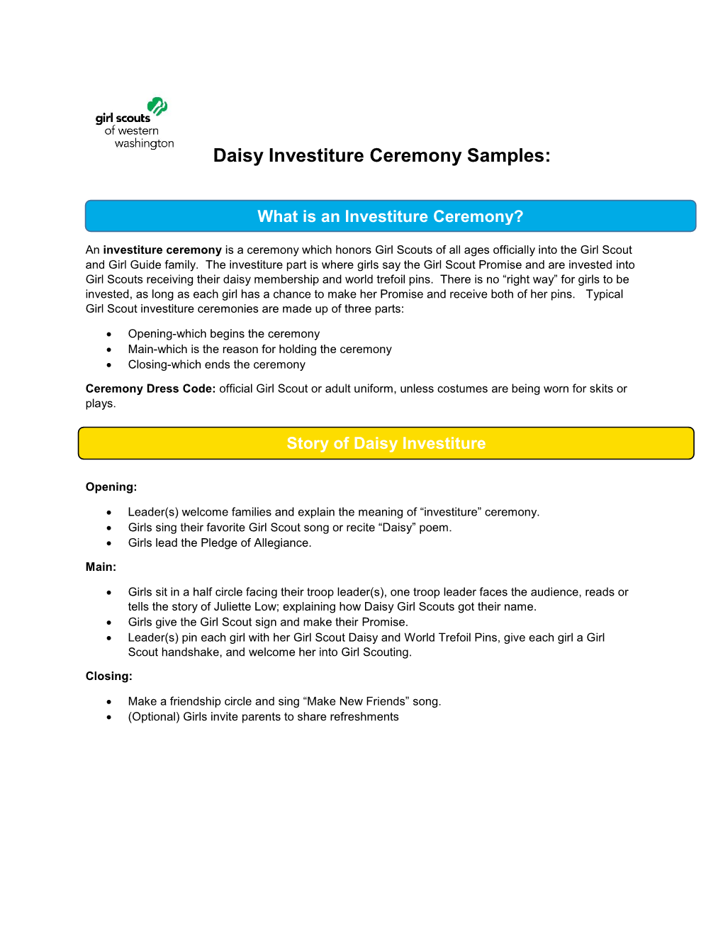 Daisy Investiture Ceremony Samples