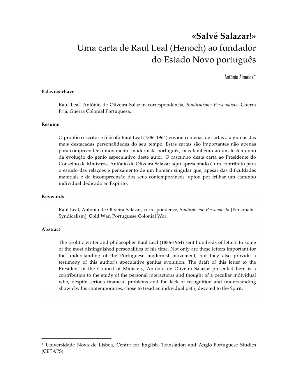 Salvé Salazar!» Uma Carta De Raul Leal (Henoch) Ao Fundador Do Estado Novo Português