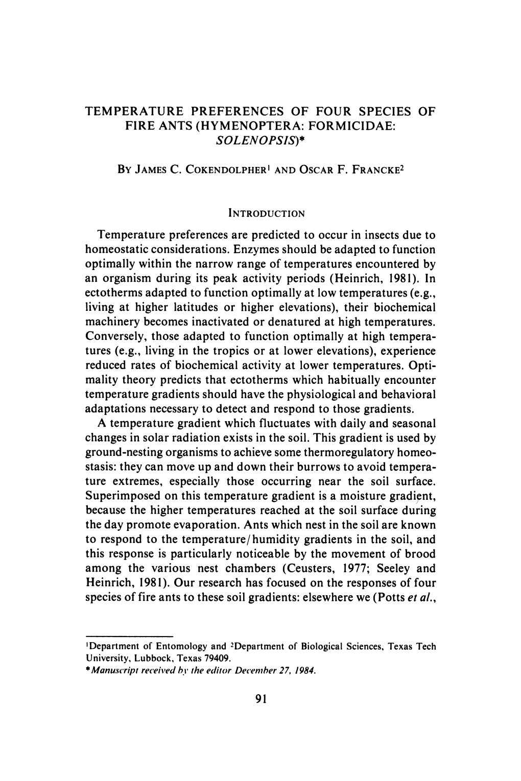 Temperature Preferences of Four Species of Fire Ants (Hymenoptera: Formicidae: Solenopsis)*