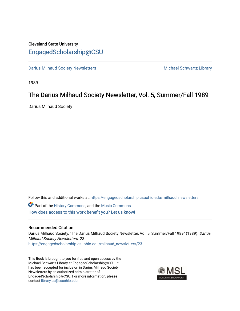 The Darius Milhaud Society Newsletter, Vol. 5, Summer/Fall 1989