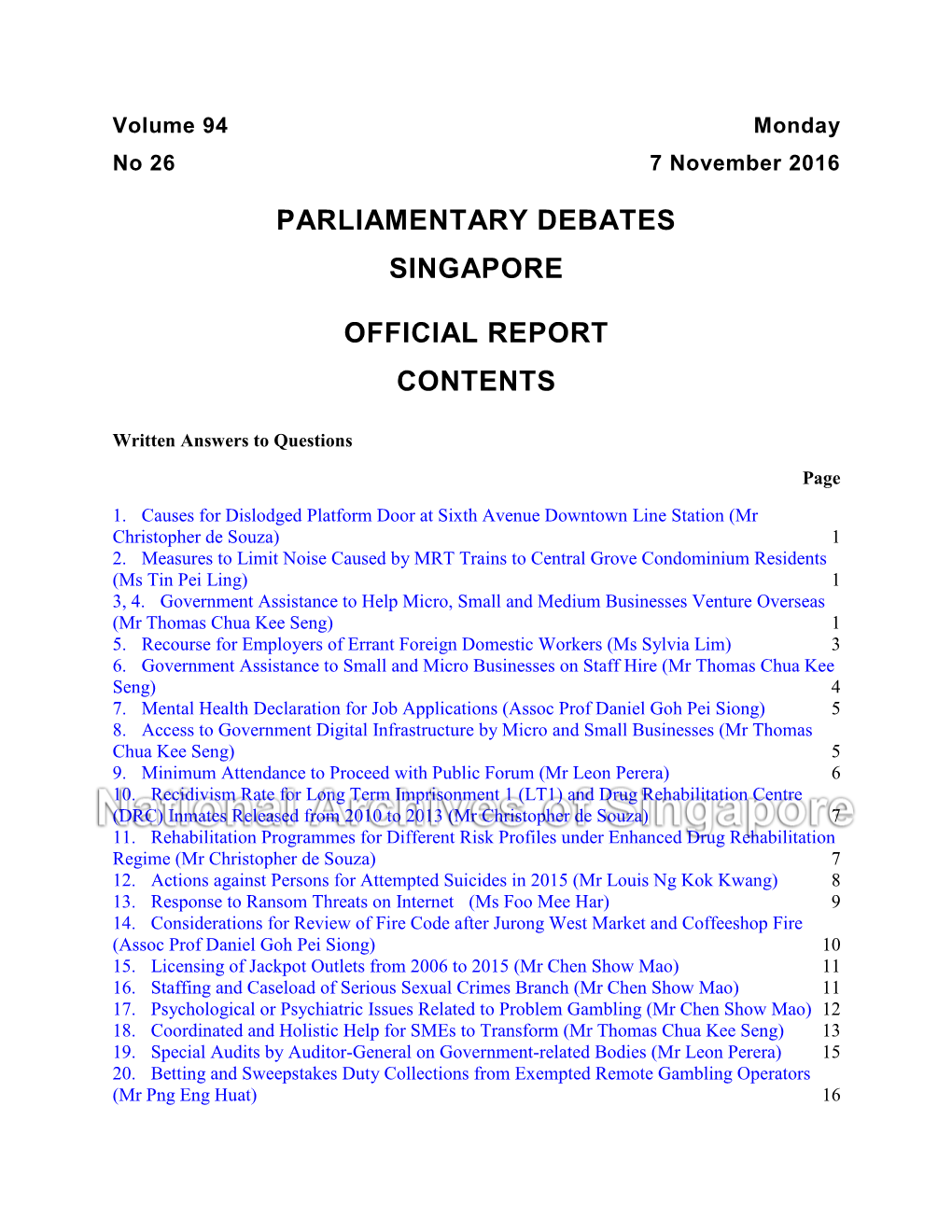 Parliamentary Debates Singapore Official Report Contents