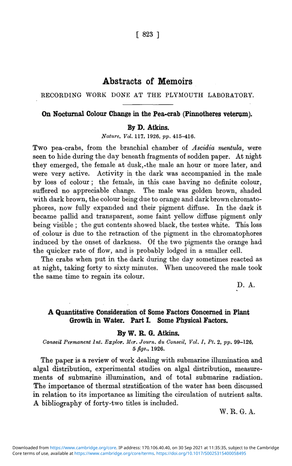 Recording Work Done at the Plymouth Laboratory