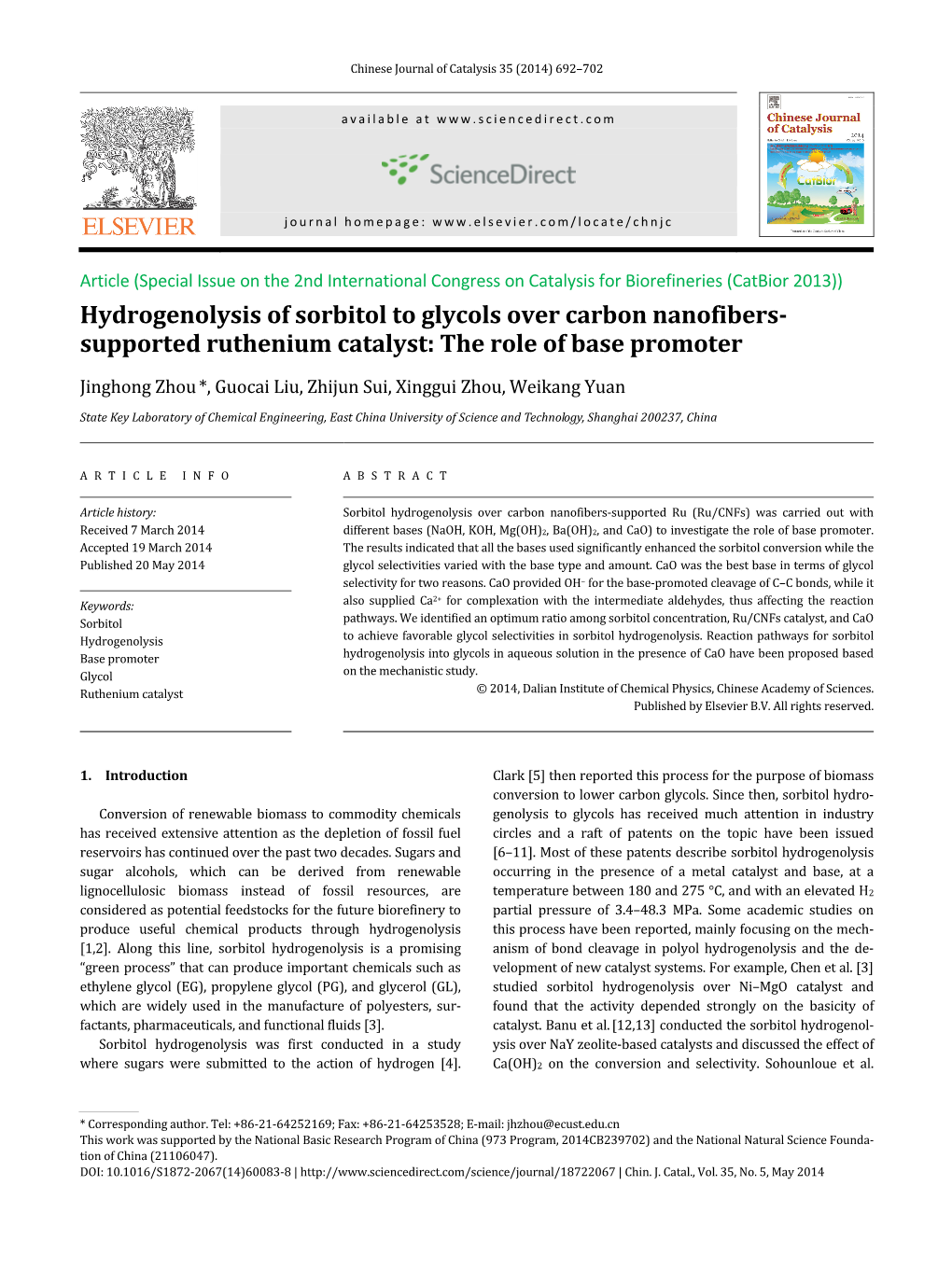 Hydrogenolysis of Sorbitol to Glycols Over Carbon Nanofibers-Supported Ruthenium Catalyst: the Role of Base Promoter