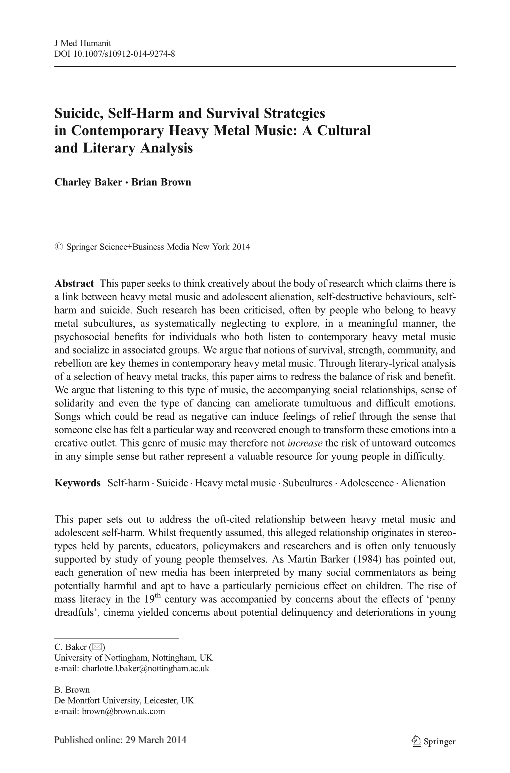 Suicide, Self-Harm and Survival Strategies in Contemporary Heavy Metal Music: a Cultural and Literary Analysis