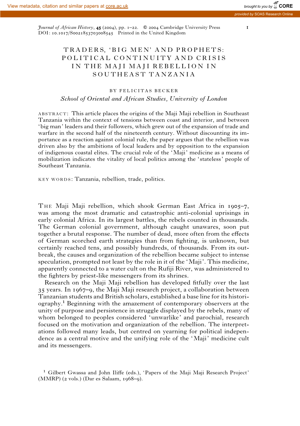 Political Continuity and Crisis in the Maji Maji Rebellion in Southeast Tanzania