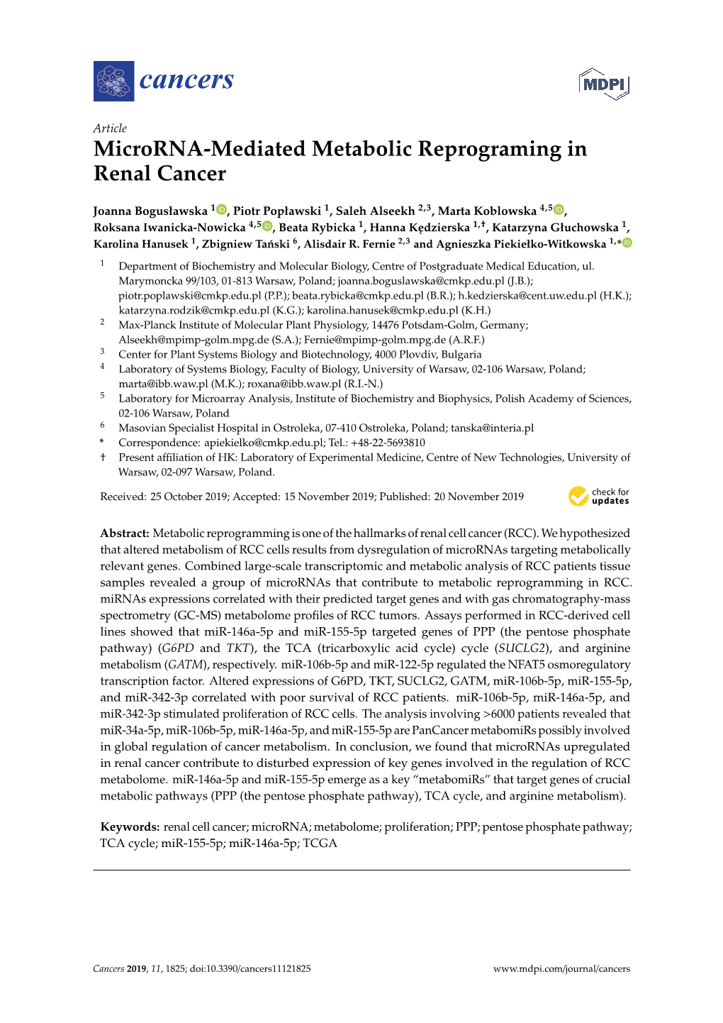 Microrna-Mediated Metabolic Reprograming in Renal Cancer