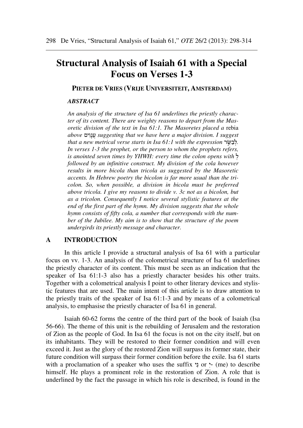 Structural Analysis of Isaiah 61 with a Special Focus on Verses 1-3