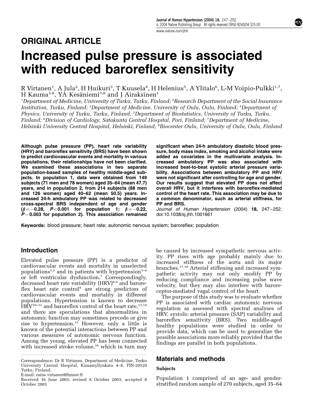 Increased Pulse Pressure Is Associated with Reduced Baroreflex Sensitivity