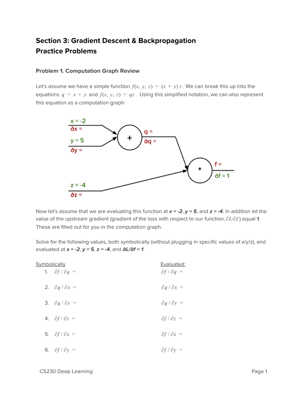 Section 3: Gradient Descent & Backpropagation Practice Problems