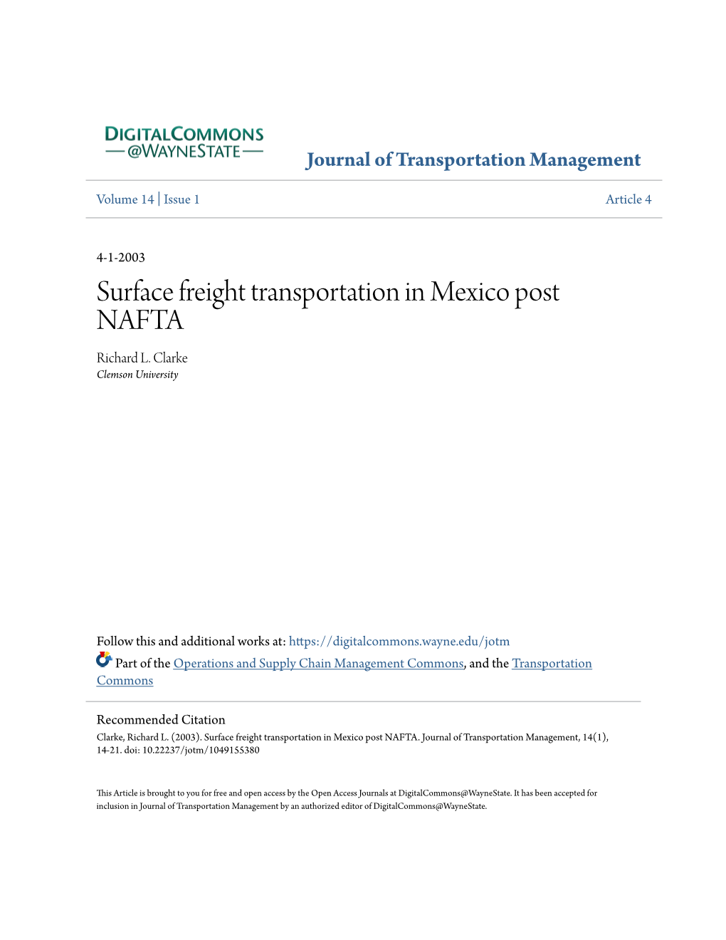 Surface Freight Transportation in Mexico Post NAFTA Richard L