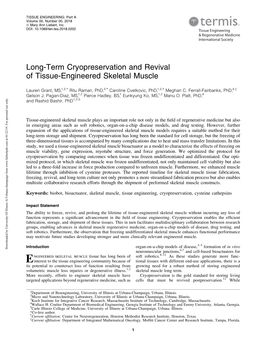 Long-Term Cryopreservation and Revival of Tissue-Engineered Skeletal Muscle