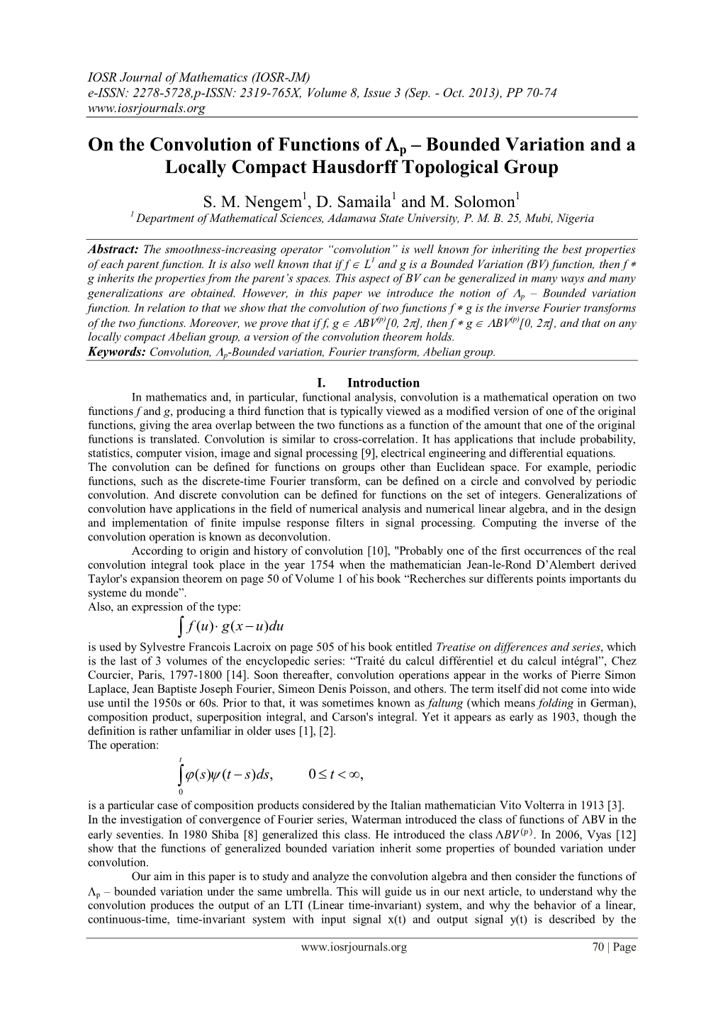 On the Convolution of Functions of Λp – Bounded Variation and a Locally