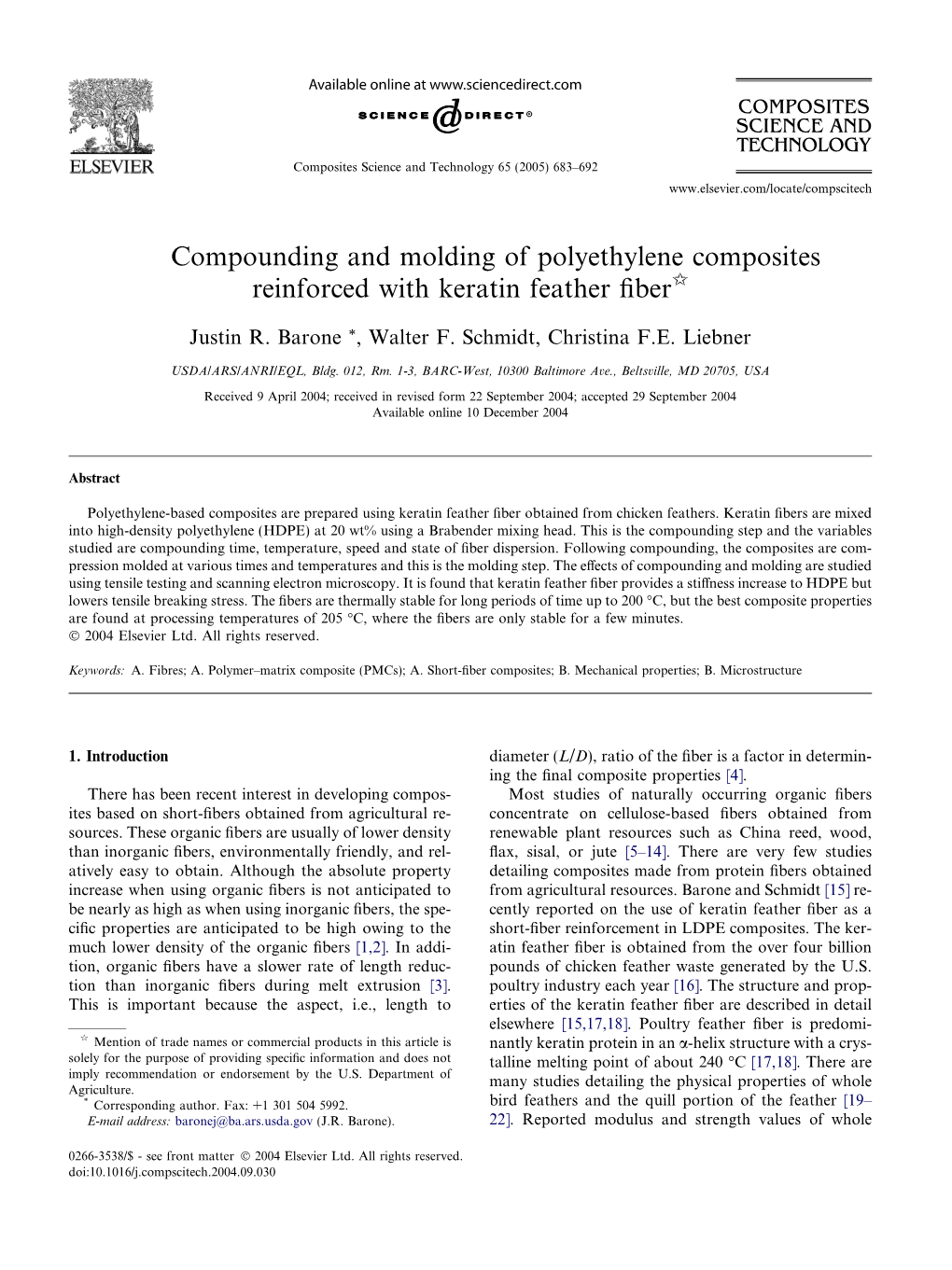 Compounding and Molding of Polyethylene Composites Reinforced with Keratin Feather ﬁberi